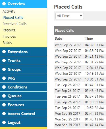 Admin portal showing placed call activity and account navigation